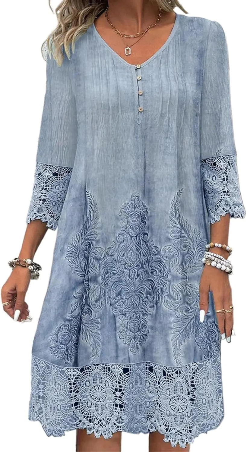 Womens Lace Dress 2025 Elegant Boho Floral Embroidery Midi Dresses Flowy Beach Vacation Wedding Guest Dressy