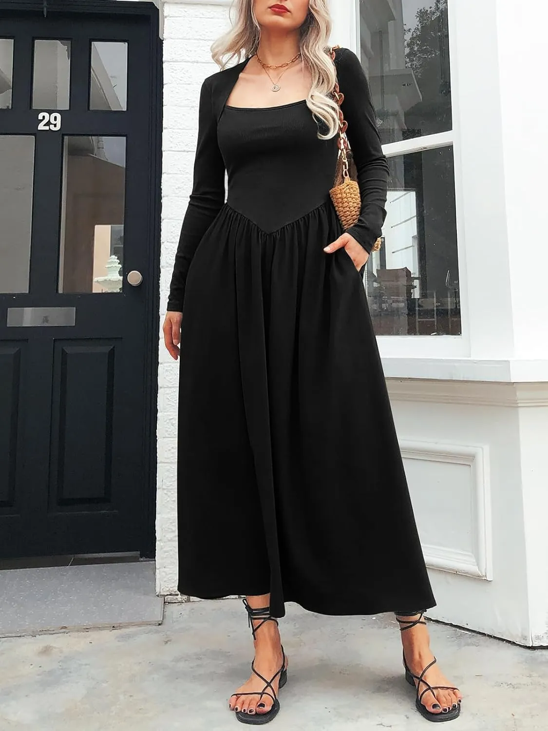 Women's Long Sleeve Maxi Dress Cotton Square Neck Casual Slim Solid Fall Winter Flowy Long Dresses with Pockets