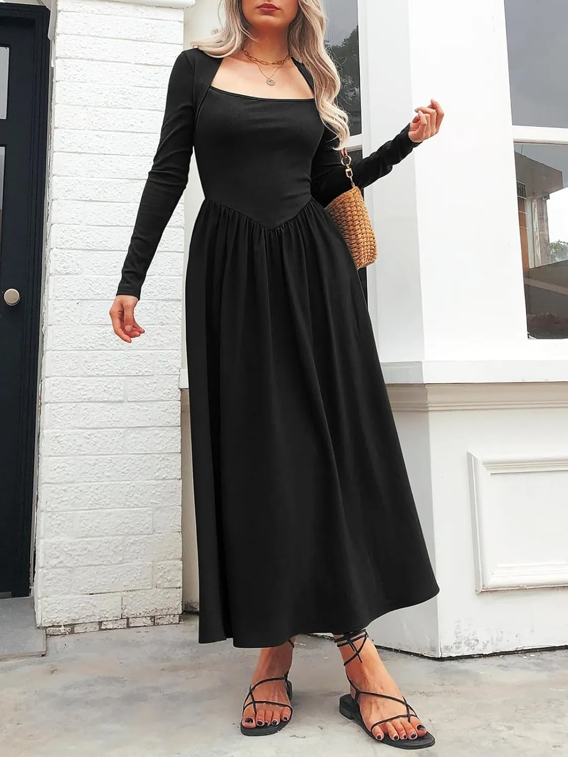 Women's Long Sleeve Maxi Dress Cotton Square Neck Casual Slim Solid Fall Winter Flowy Long Dresses with Pockets