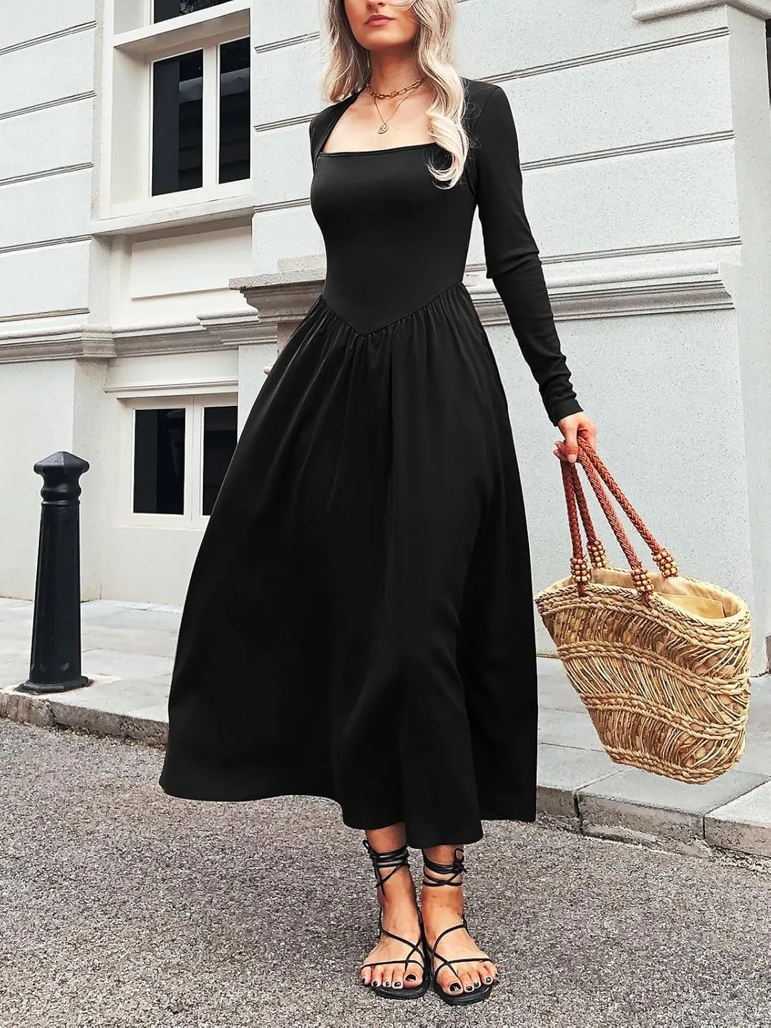 Women's Long Sleeve Maxi Dress Cotton Square Neck Casual Slim Solid Fall Winter Flowy Long Dresses with Pockets