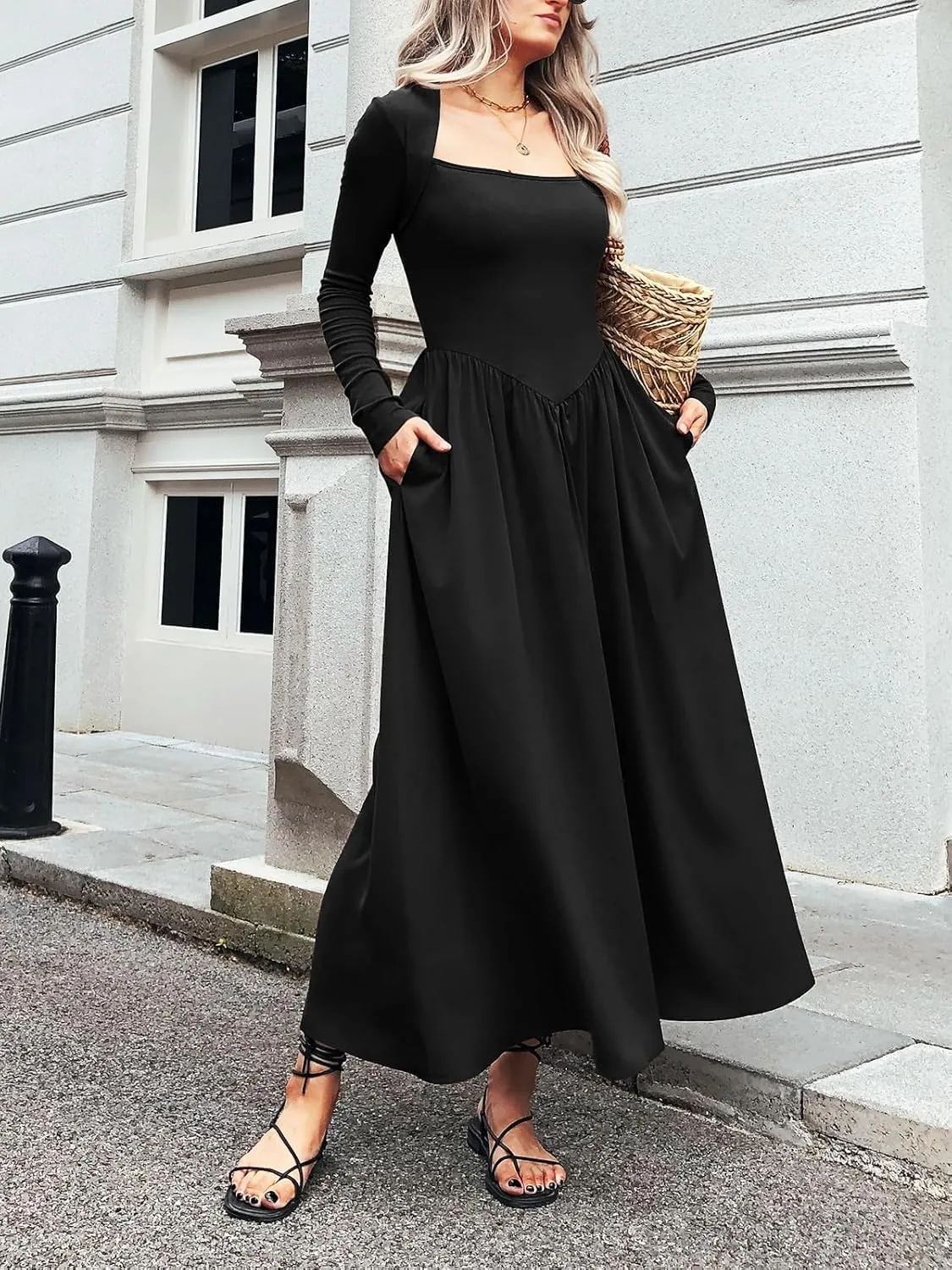 Women's Long Sleeve Maxi Dress Cotton Square Neck Casual Slim Solid Fall Winter Flowy Long Dresses with Pockets