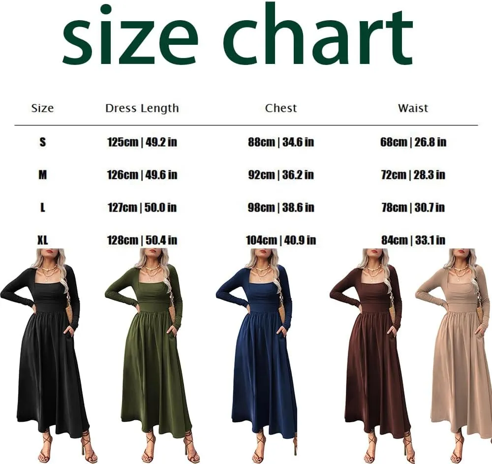 Women's Long Sleeve Maxi Dress Cotton Square Neck Casual Slim Solid Fall Winter Flowy Long Dresses with Pockets
