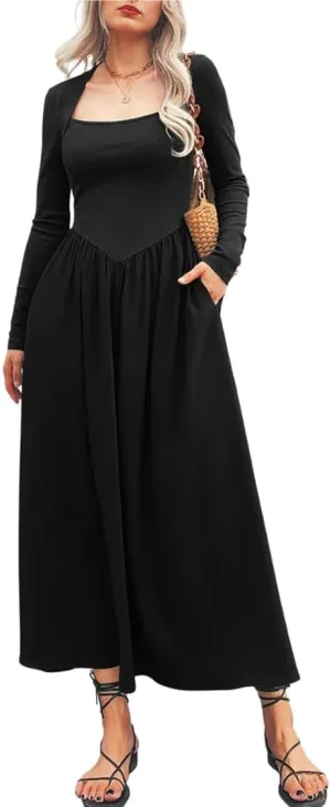Women's Long Sleeve Maxi Dress Cotton Square Neck Casual Slim Solid Fall Winter Flowy Long Dresses with Pockets