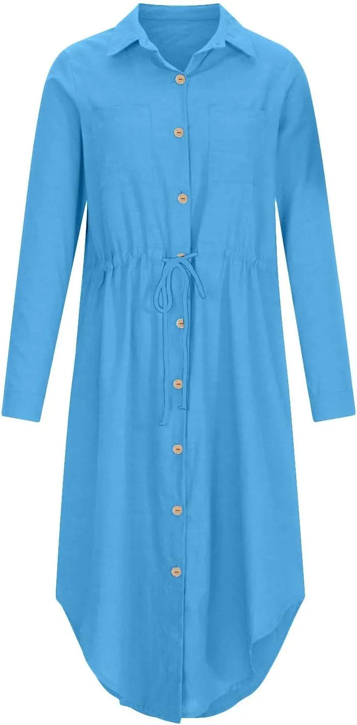 Women's Maxi Shirt Dress 2024 Spring Summer Long Sleeve Dresses Lapel V Neck A Line Flowy Elegant Party Long Dresses