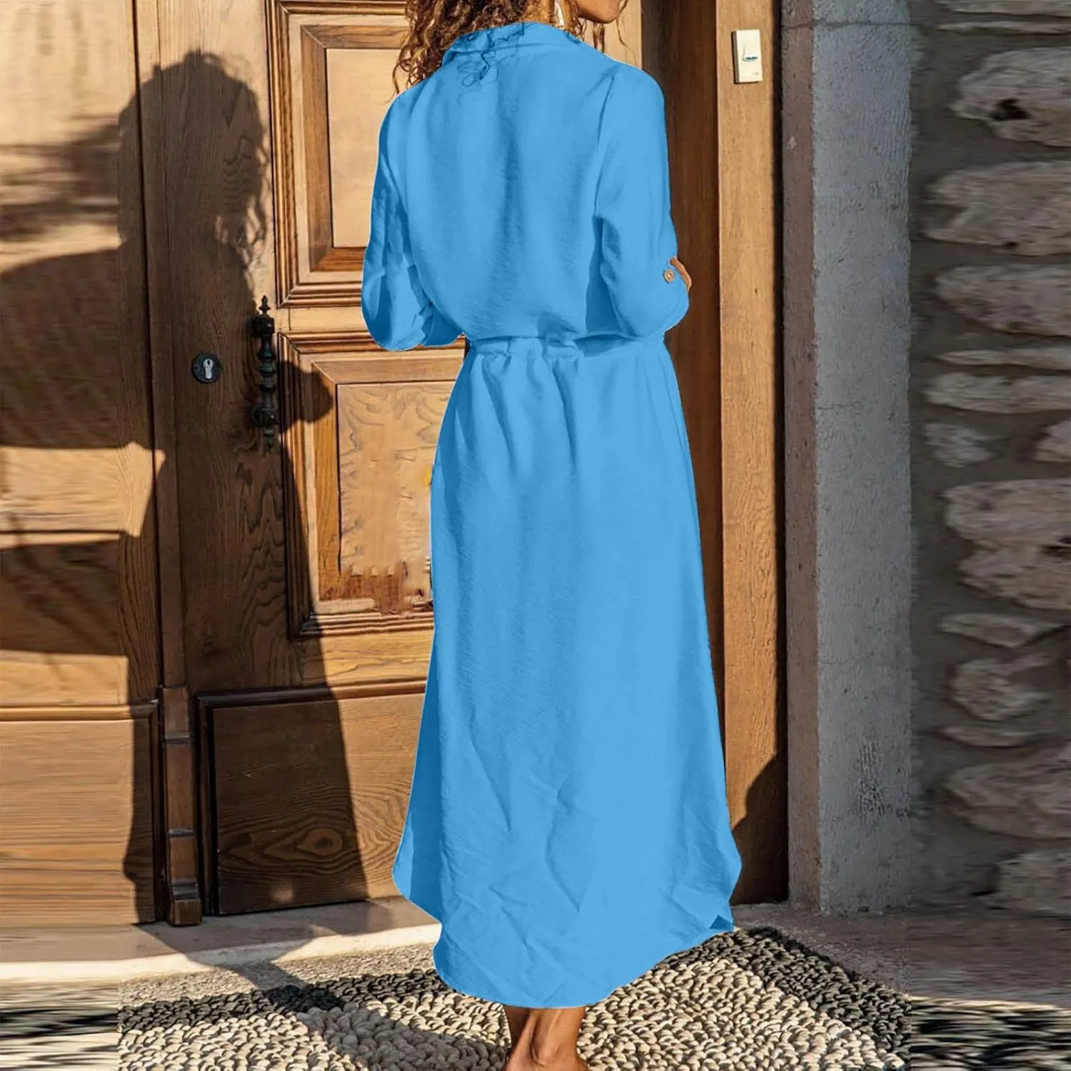 Women's Maxi Shirt Dress 2024 Spring Summer Long Sleeve Dresses Lapel V Neck A Line Flowy Elegant Party Long Dresses