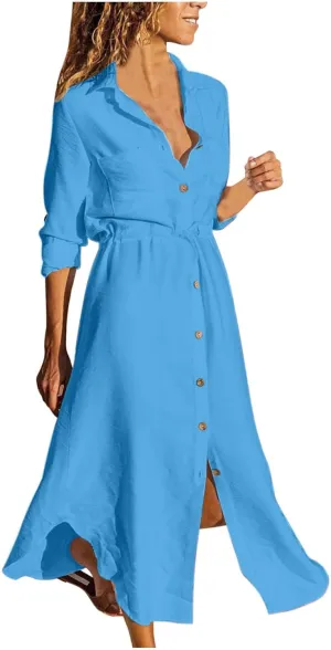 Women's Maxi Shirt Dress 2024 Spring Summer Long Sleeve Dresses Lapel V Neck A Line Flowy Elegant Party Long Dresses