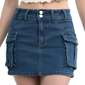 Womens Mini Cargo Skirts Y2k Low Waist Button Bodycon Denim Skirt Vintage Cute Jean Skirts with Pockets Streetwear