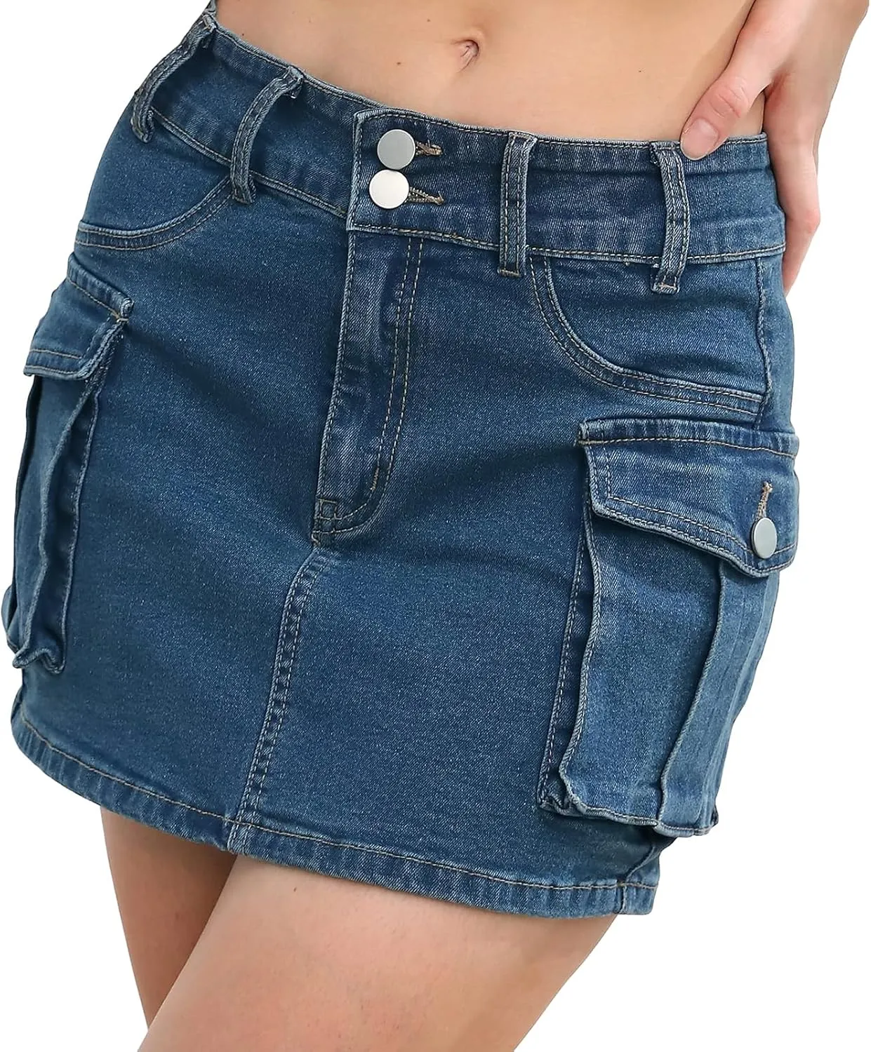 Womens Mini Cargo Skirts Y2k Low Waist Button Bodycon Denim Skirt Vintage Cute Jean Skirts with Pockets Streetwear