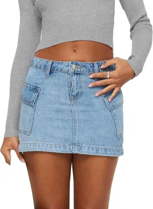 Womens Mini Cargo Skirts Y2k Low Waist Button Bodycon Denim Skirt Vintage Cute Jean Skirts with Pockets Streetwear