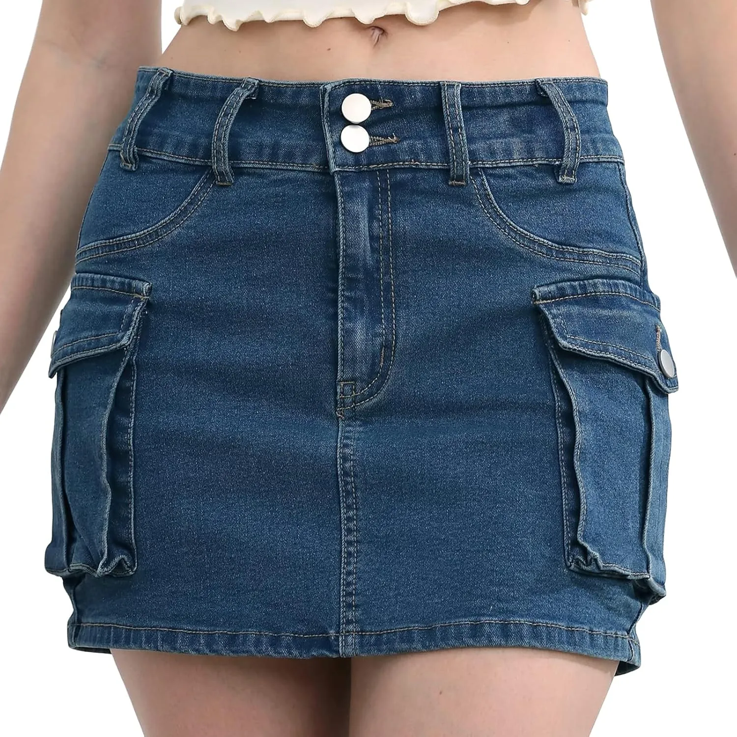 Womens Mini Cargo Skirts Y2k Low Waist Button Bodycon Denim Skirt Vintage Cute Jean Skirts with Pockets Streetwear