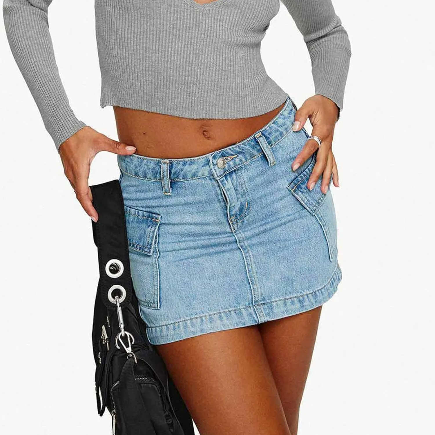 Womens Mini Cargo Skirts Y2k Low Waist Button Bodycon Denim Skirt Vintage Cute Jean Skirts with Pockets Streetwear