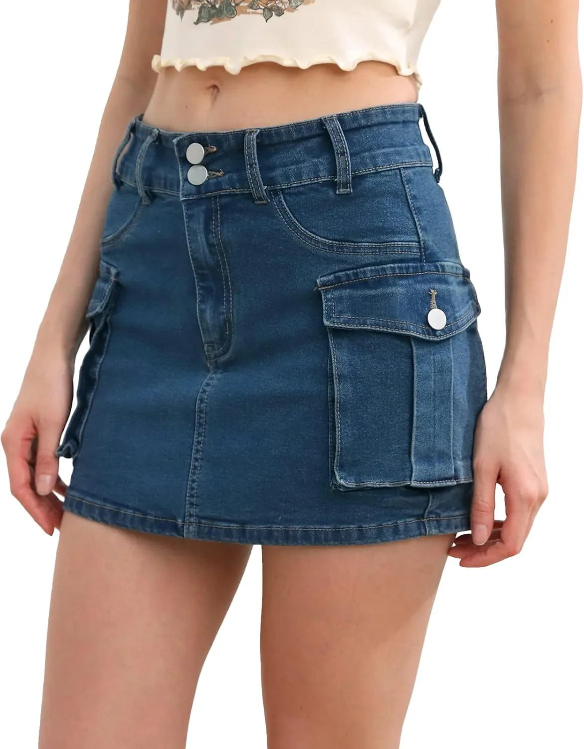 Womens Mini Cargo Skirts Y2k Low Waist Button Bodycon Denim Skirt Vintage Cute Jean Skirts with Pockets Streetwear