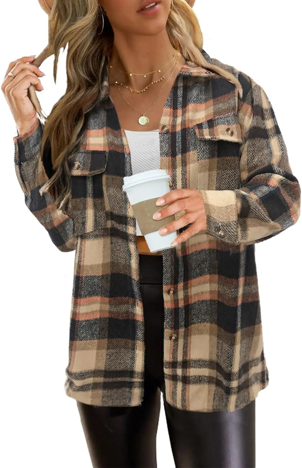 Women's Plaid Shacket Jacket Long Sleeve Button Down Shirt Outfits for Women
