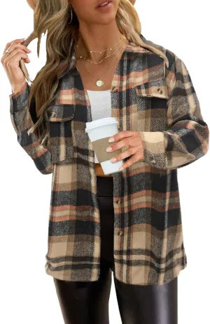 Women's Plaid Shacket Jacket Long Sleeve Button Down Shirt Outfits for Women