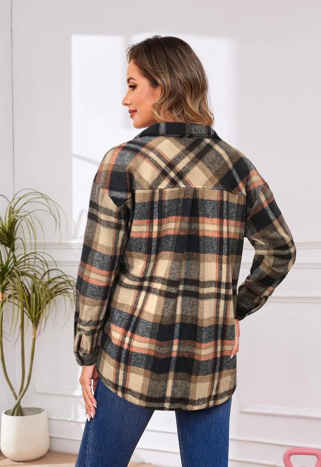 Women's Plaid Shacket Jacket Long Sleeve Button Down Shirt Outfits for Women