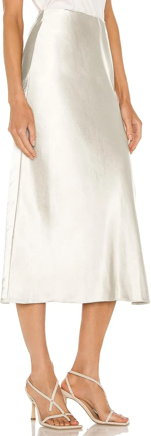 Womens Satin Silk High Waist Slit Midi Skirt Elastic Waistband Midi Skirts for Women