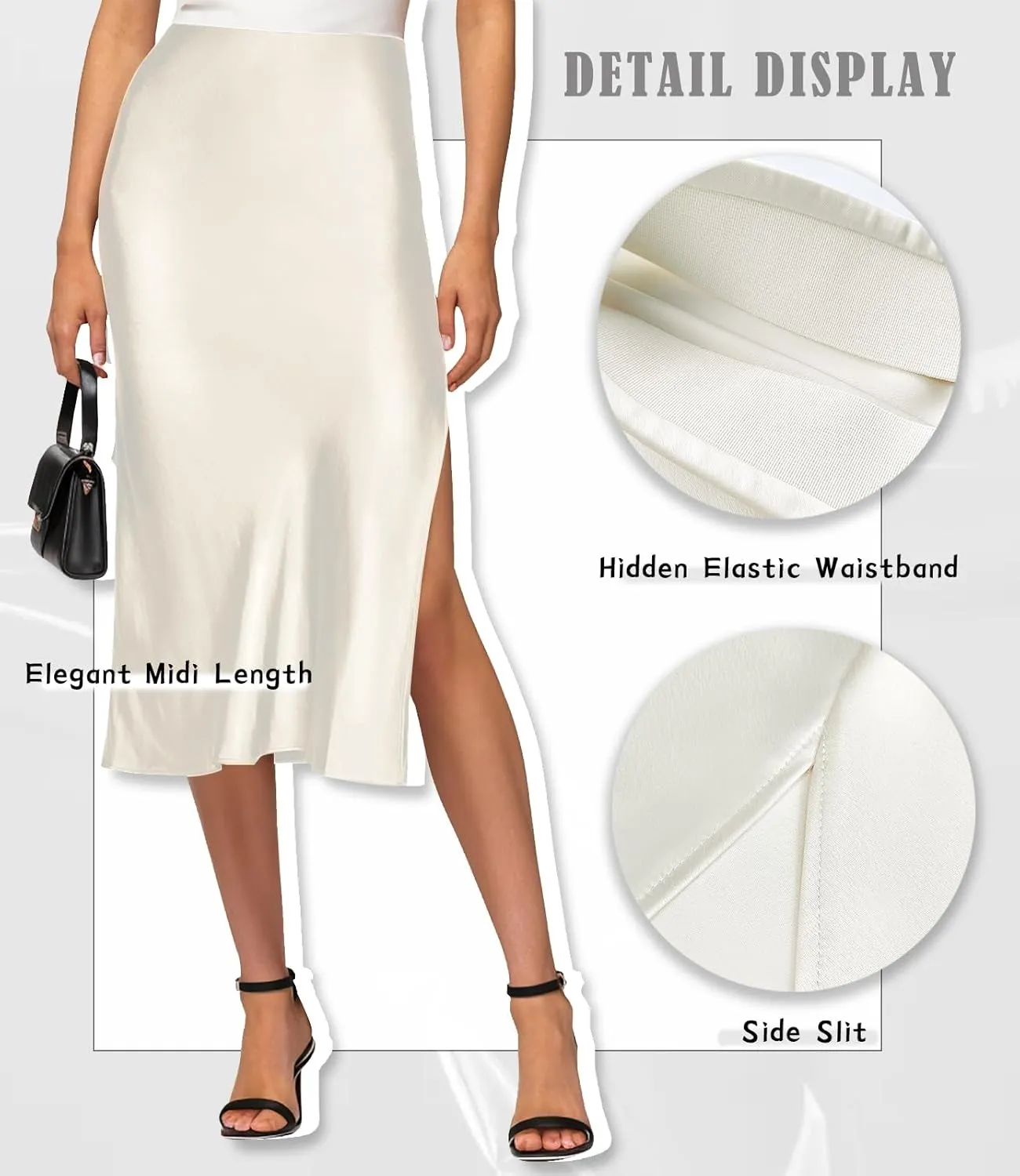 Womens Satin Silk High Waist Slit Midi Skirt Elastic Waistband Midi Skirts for Women
