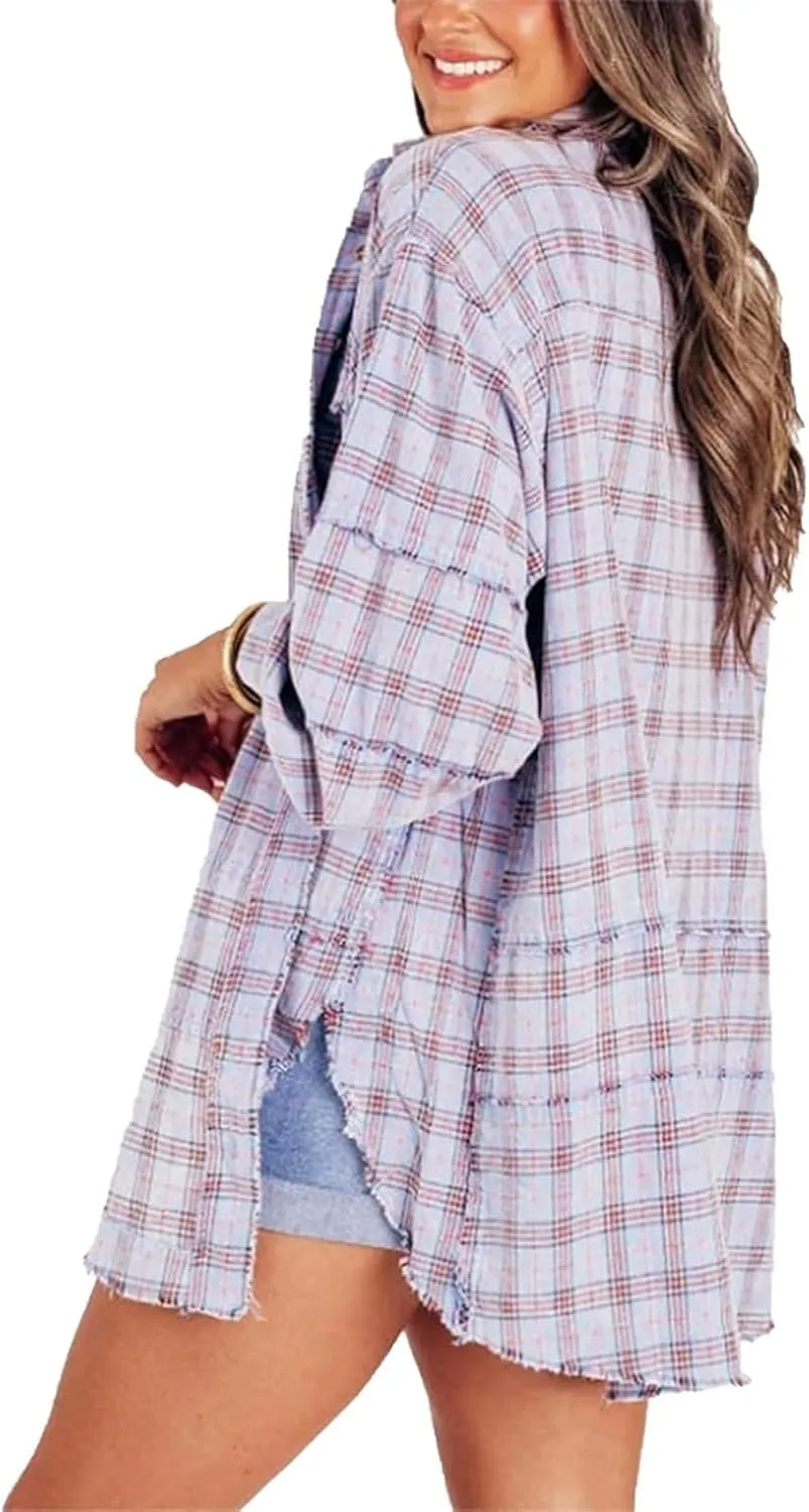 Women's Seams Raw Edge Washed Oversized Shirt Jacket with Pockets,Boyfriend Button Down Tartan Long Jacket Coats (Red,3X-Large)