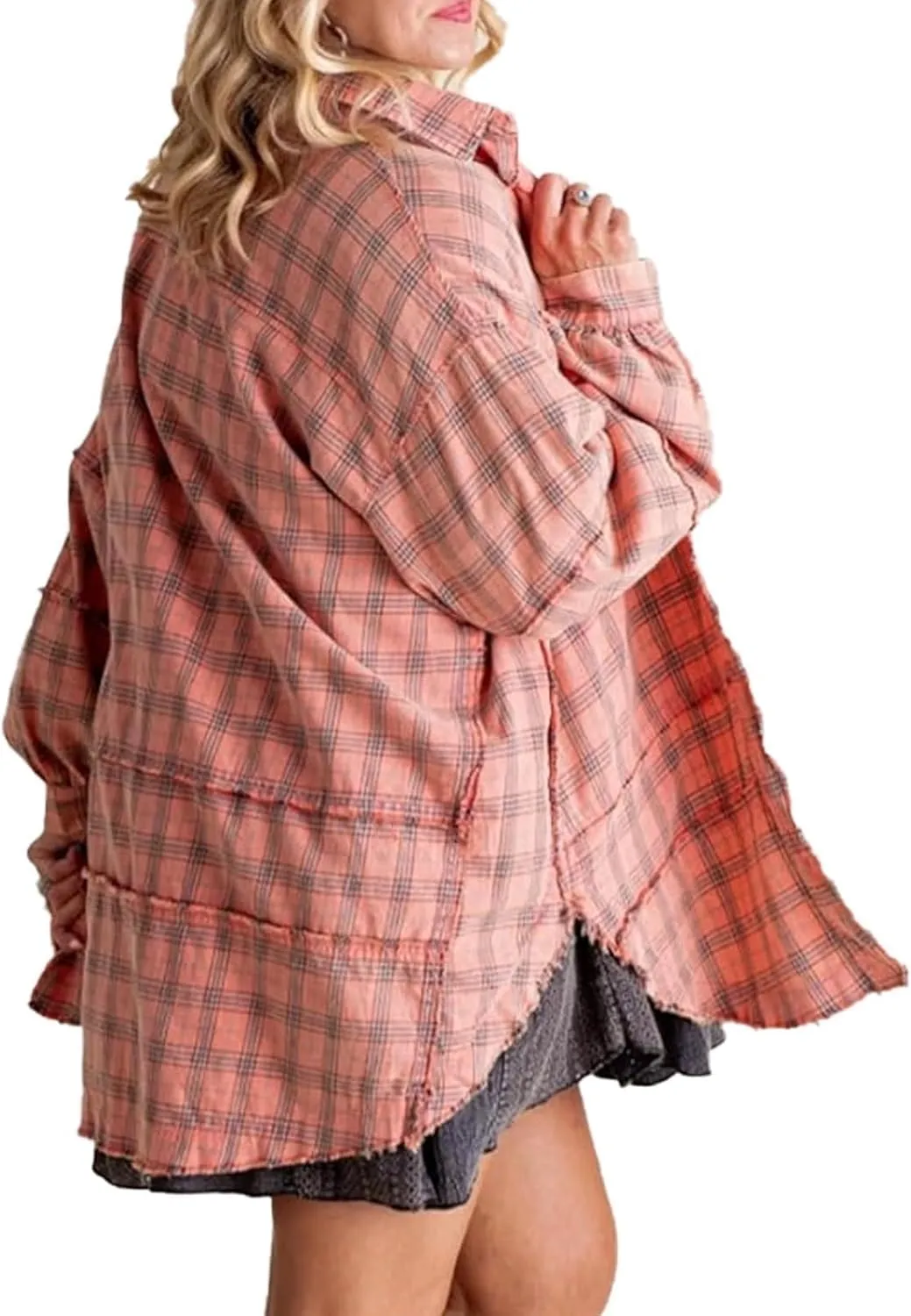 Women's Seams Raw Edge Washed Oversized Shirt Jacket with Pockets,Boyfriend Button Down Tartan Long Jacket Coats (Red,3X-Large)
