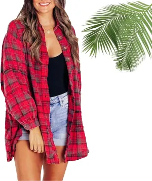 Women's Seams Raw Edge Washed Oversized Shirt Jacket with Pockets,Boyfriend Button Down Tartan Long Jacket Coats (Red,3X-Large)