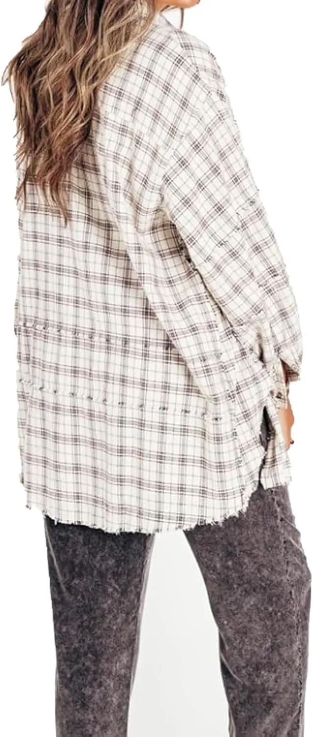 Women's Seams Raw Edge Washed Oversized Shirt Jacket with Pockets,Boyfriend Button Down Tartan Long Jacket Coats (Red,3X-Large)