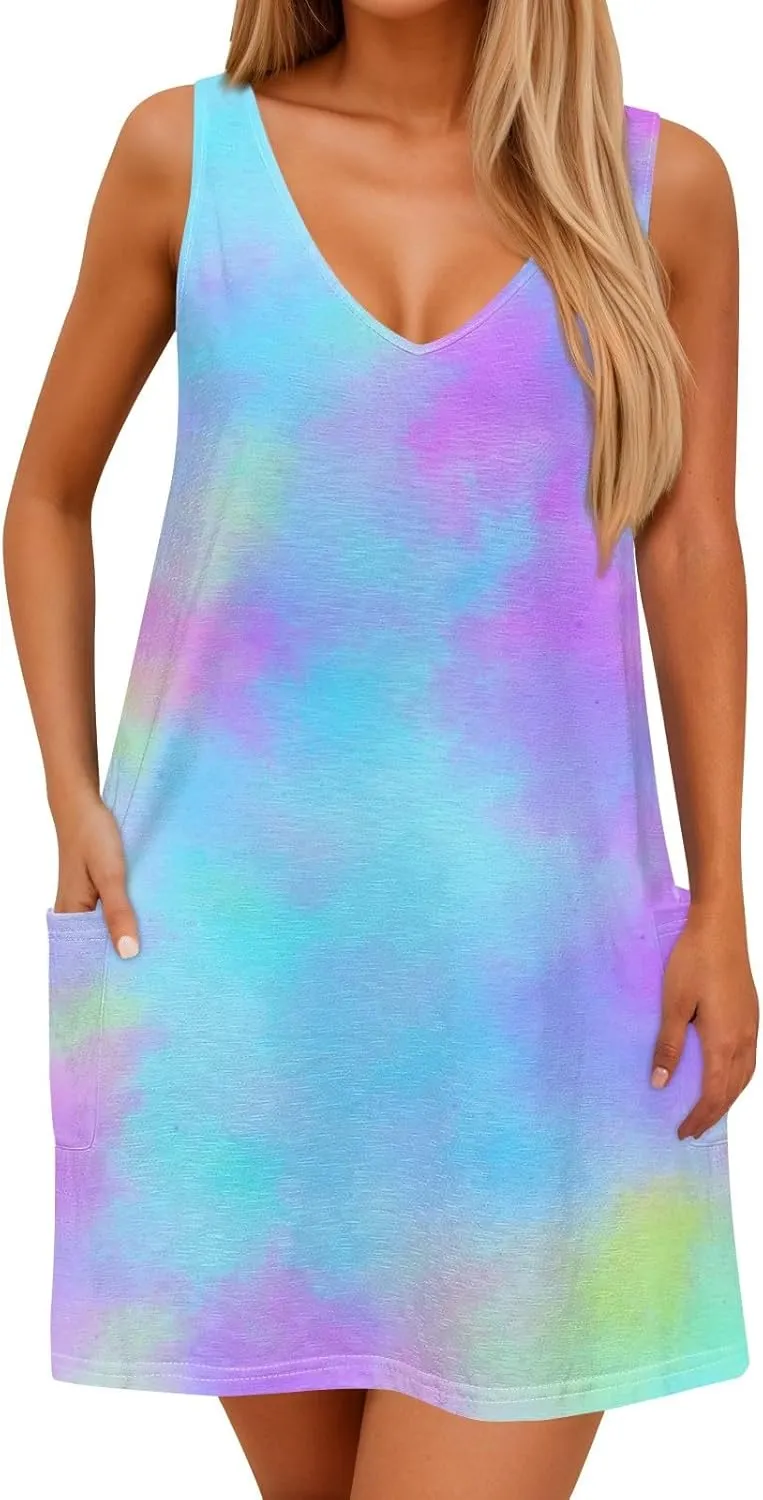 Women's Summer Dresses Casual Beach Swimsuit Coverup V Neck Sleeveless Dress with Pocket 2025 Printed Sundress