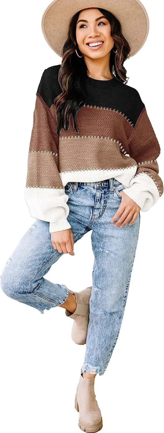 Womens Sweaters Fall 2025 Fashion Long Sleeve Color Block Oversized Sweater Trendy Casual Crew Neck Knitted Tops Pullover