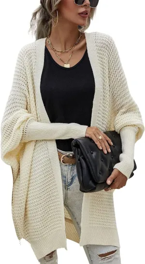 Women's Waffle Cardigan Ribbed Cuffs Open Front Knit Sweater Batwing Long Sleeve Casual Loose Chunky Coat Outwear