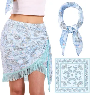 Wrap Skorts for Women, Casual Beach Mini Skirt with Silk 27" Square Scarf, Boho Beach Cover Ups for Swimwear