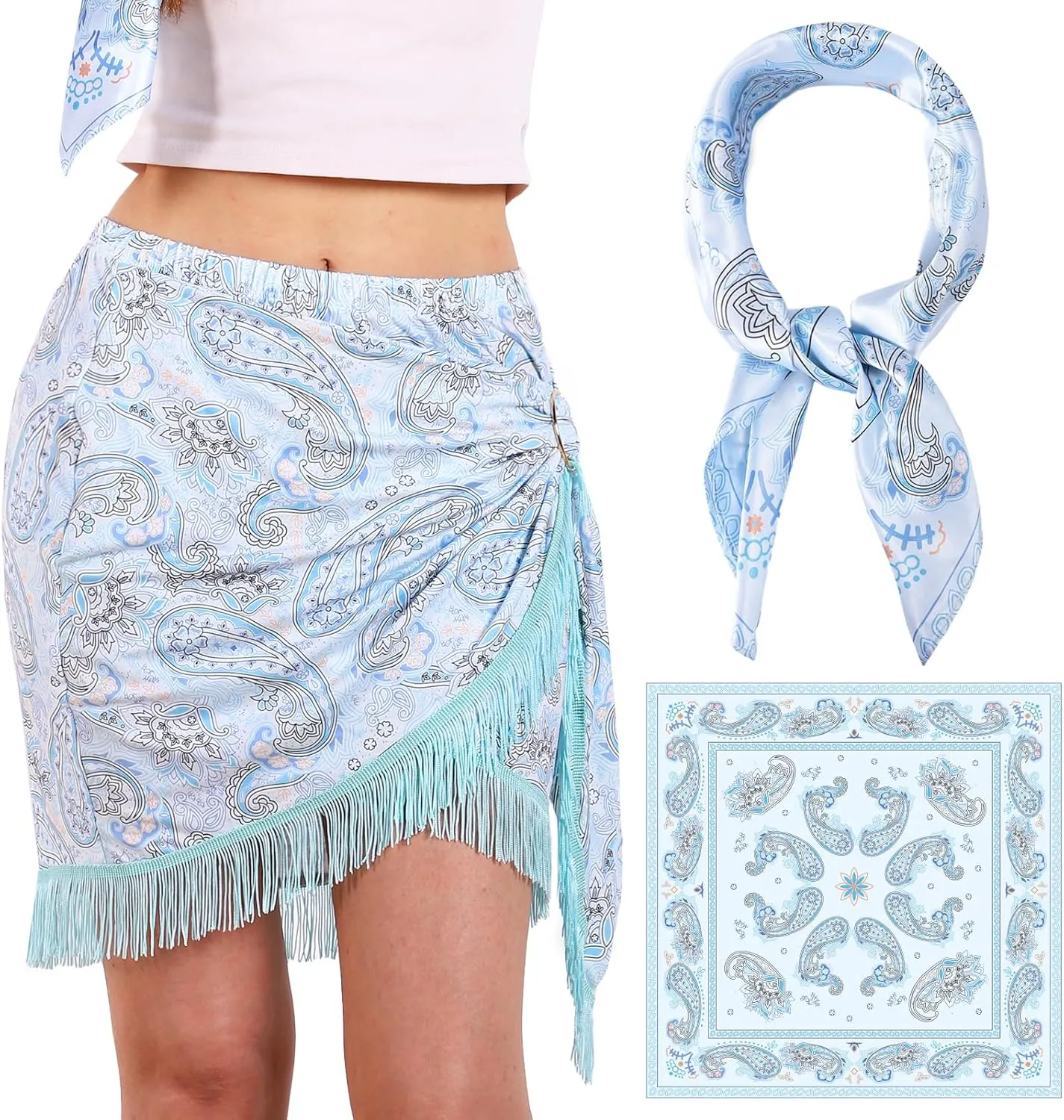 Wrap Skorts for Women, Casual Beach Mini Skirt with Silk 27" Square Scarf, Boho Beach Cover Ups for Swimwear