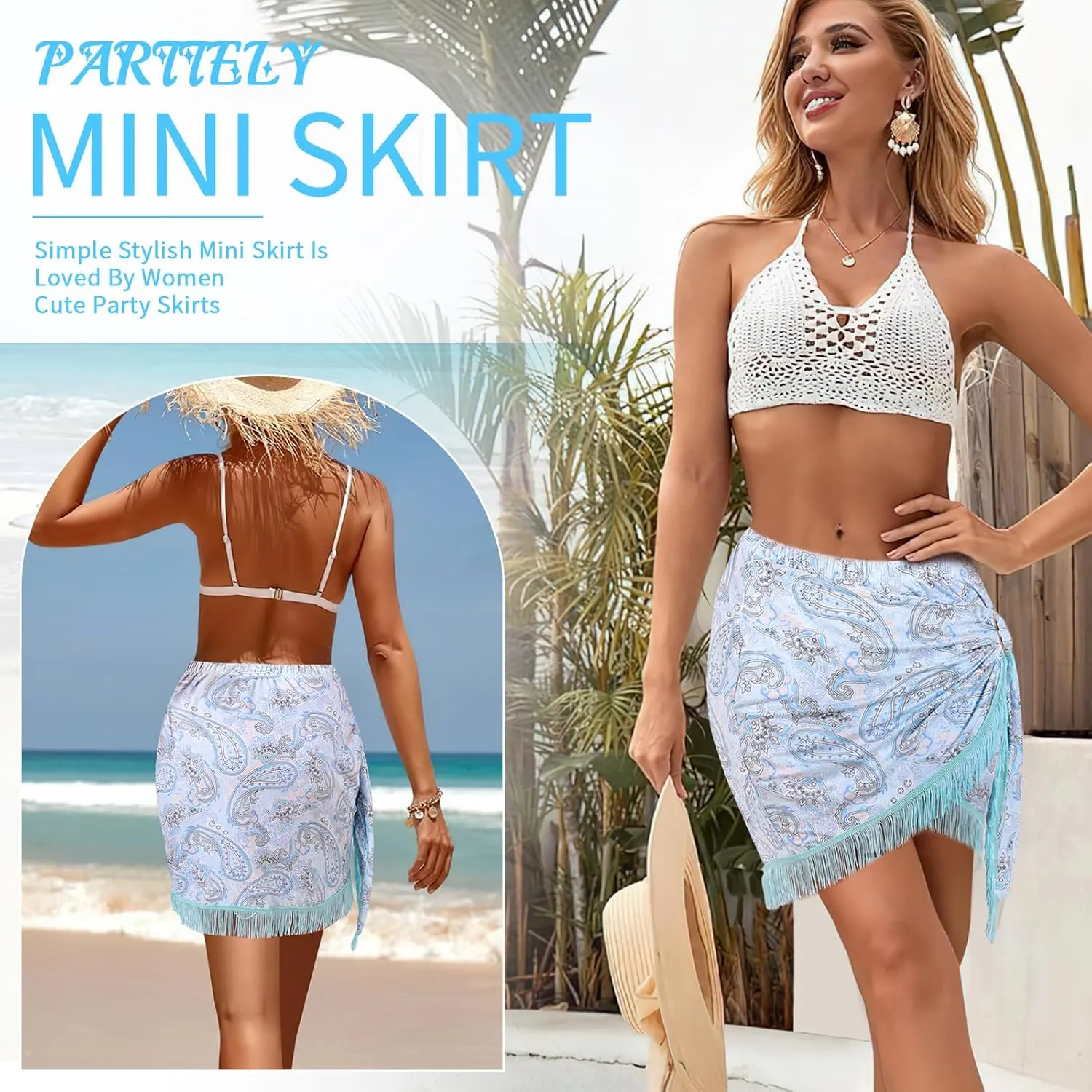 Wrap Skorts for Women, Casual Beach Mini Skirt with Silk 27" Square Scarf, Boho Beach Cover Ups for Swimwear