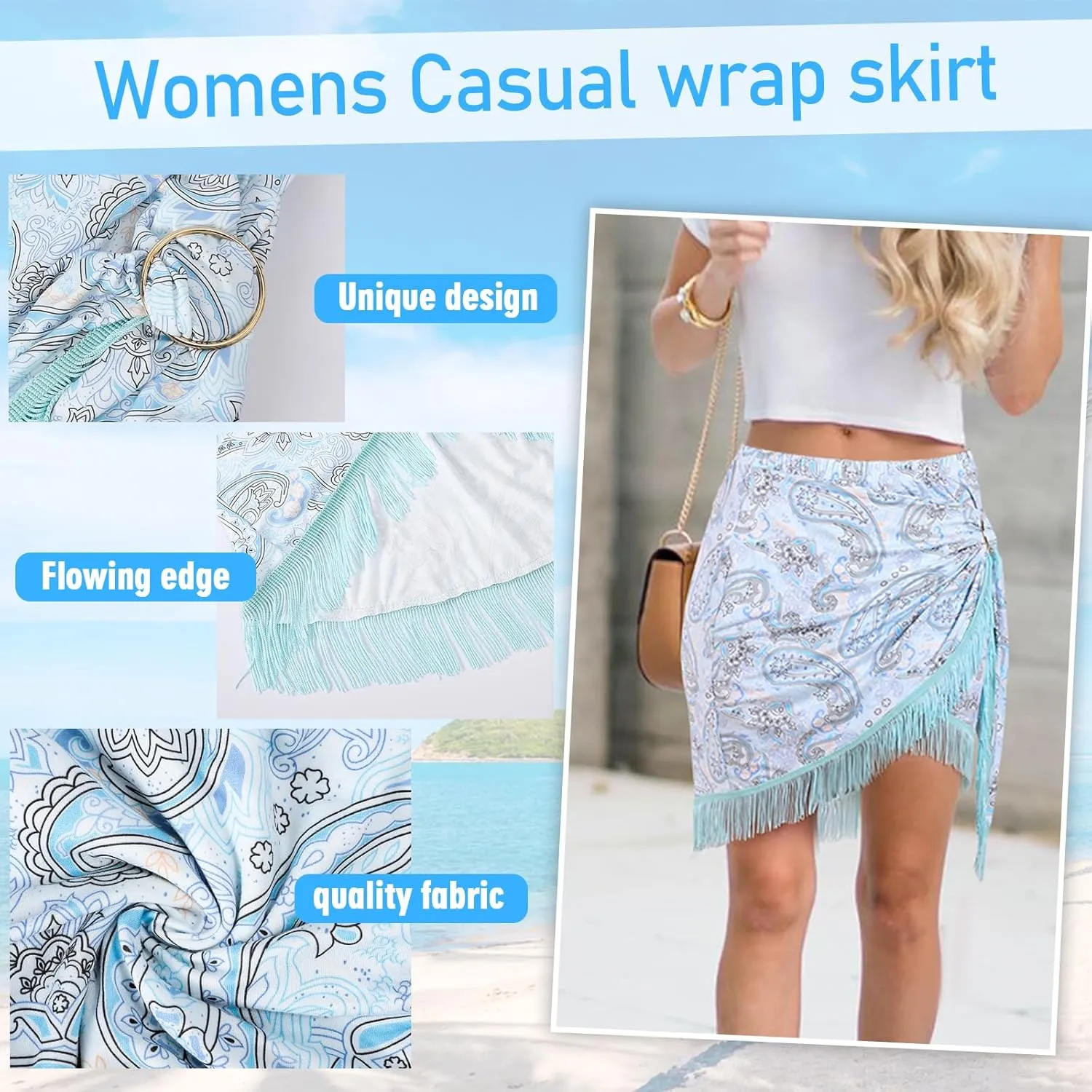 Wrap Skorts for Women, Casual Beach Mini Skirt with Silk 27" Square Scarf, Boho Beach Cover Ups for Swimwear
