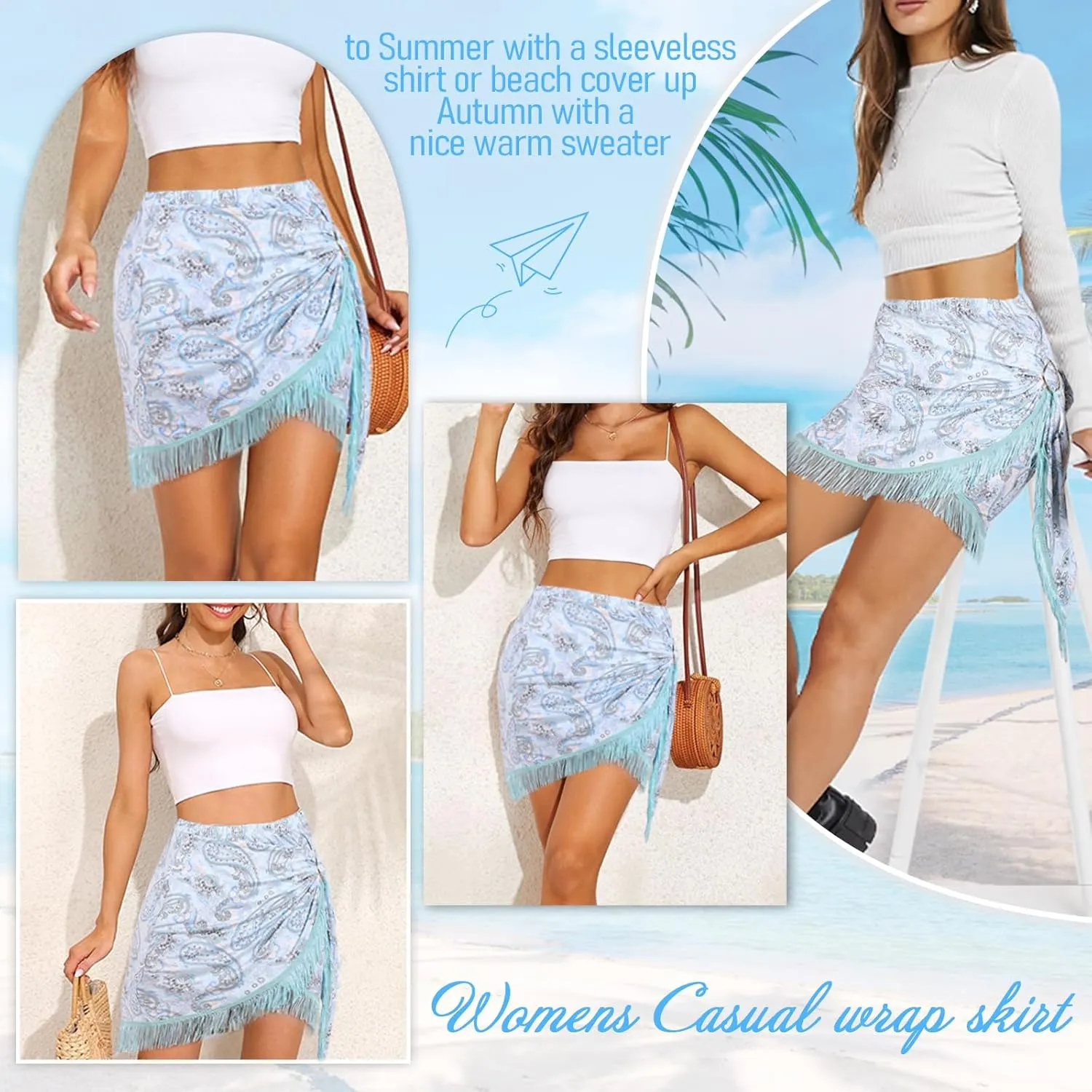 Wrap Skorts for Women, Casual Beach Mini Skirt with Silk 27" Square Scarf, Boho Beach Cover Ups for Swimwear