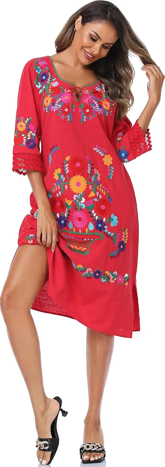 YZXDORWJ Women Embroidered Mexican Present Lace Sleeves Party Floral Traditional Bridesmaid Dress.