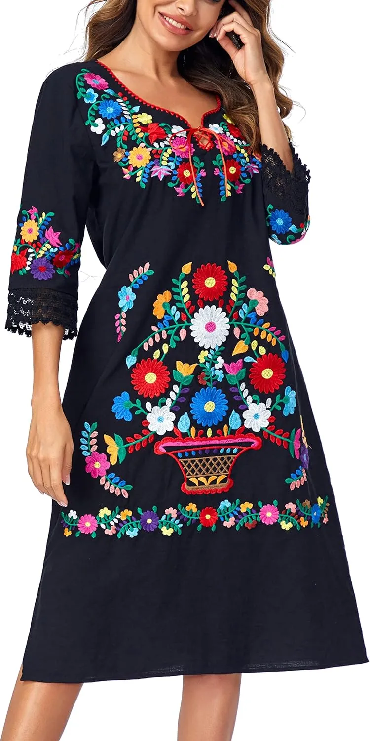 YZXDORWJ Women Embroidered Mexican Present Lace Sleeves Party Floral Traditional Bridesmaid Dress.