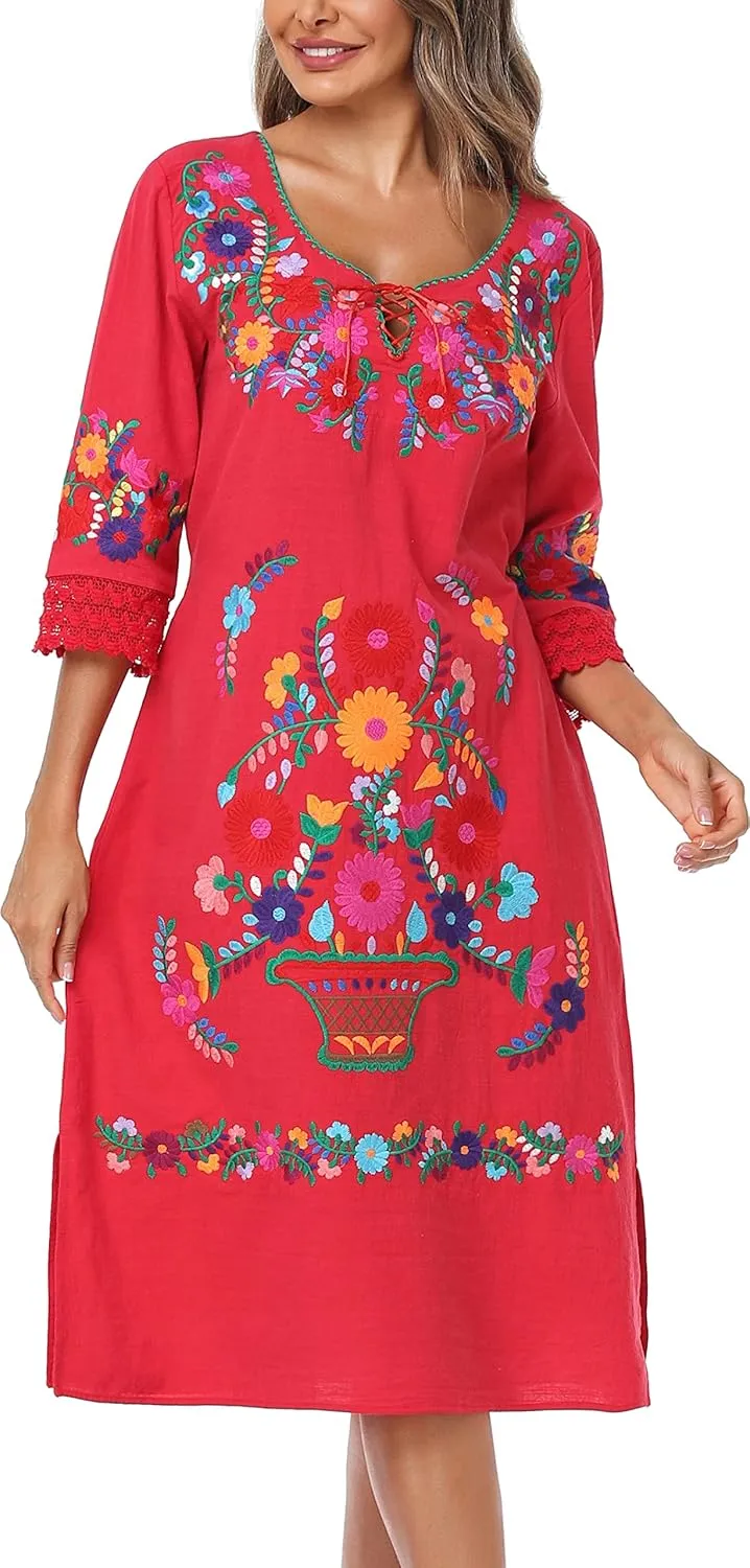 YZXDORWJ Women Embroidered Mexican Present Lace Sleeves Party Floral Traditional Bridesmaid Dress.