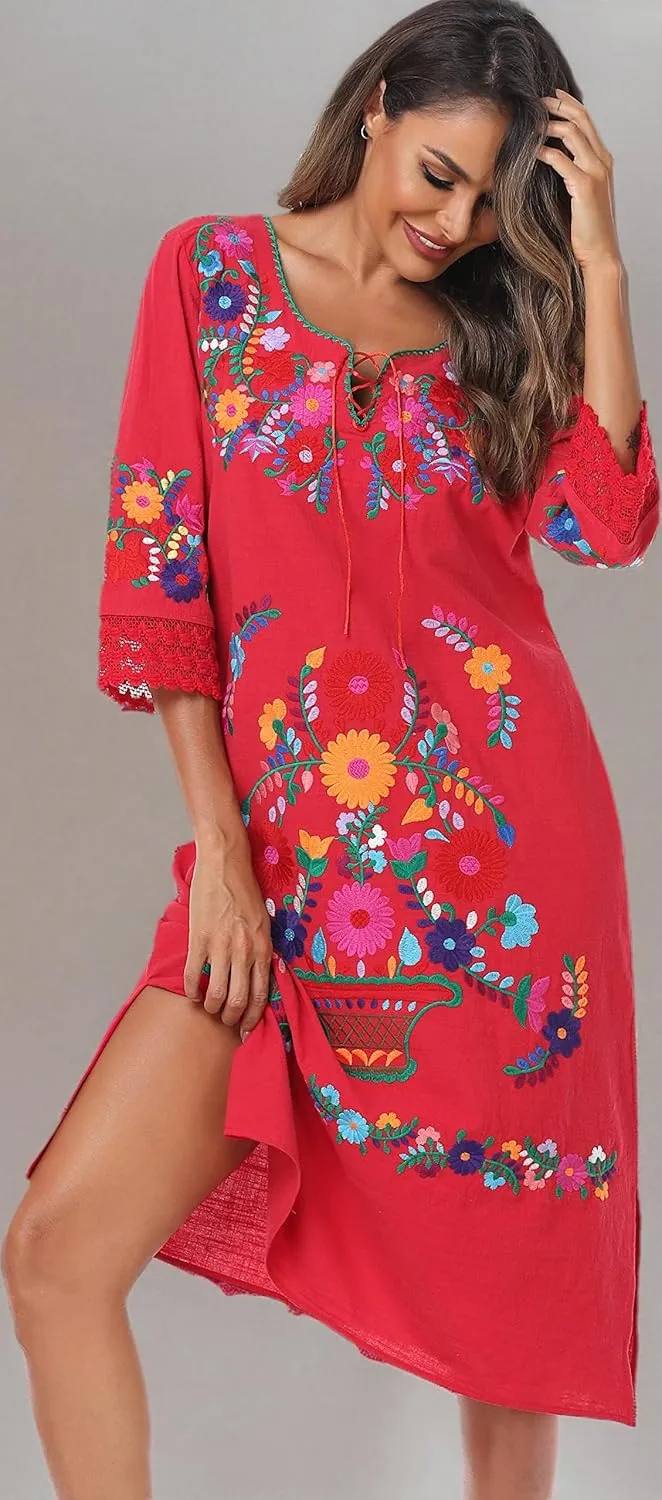 YZXDORWJ Women Embroidered Mexican Present Lace Sleeves Party Floral Traditional Bridesmaid Dress.