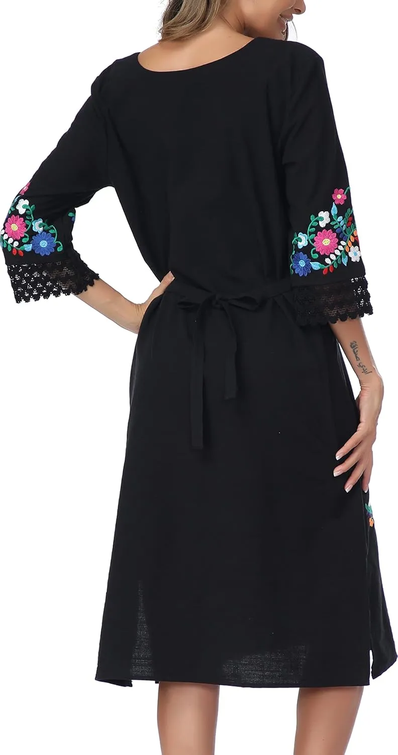 YZXDORWJ Women Embroidered Mexican Present Lace Sleeves Party Floral Traditional Bridesmaid Dress.