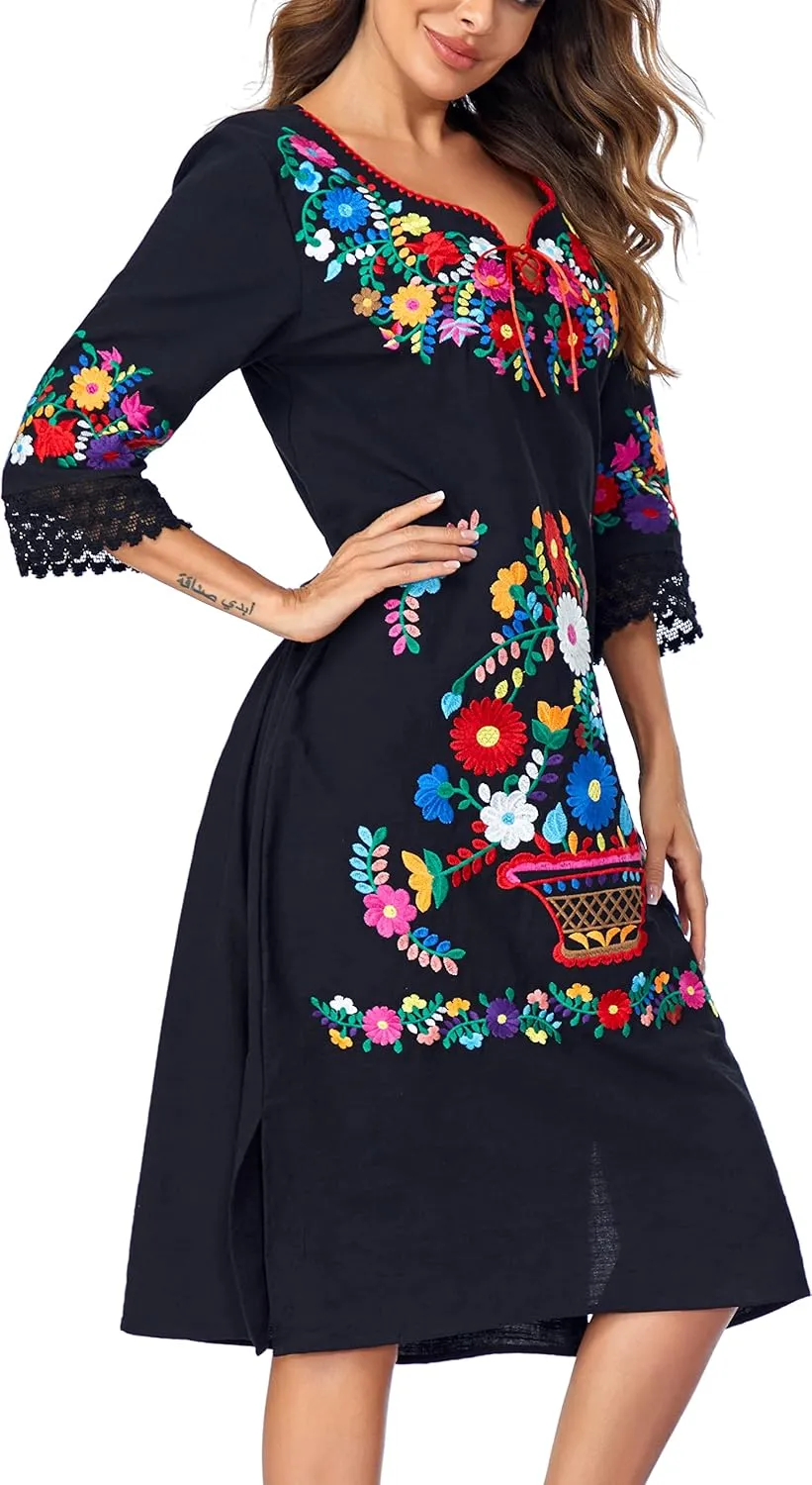 YZXDORWJ Women Embroidered Mexican Present Lace Sleeves Party Floral Traditional Bridesmaid Dress.