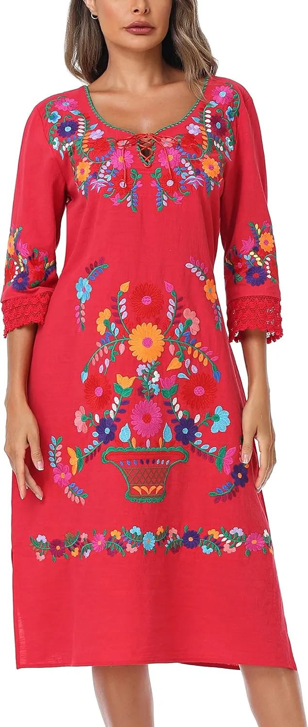 YZXDORWJ Women Embroidered Mexican Present Lace Sleeves Party Floral Traditional Bridesmaid Dress.