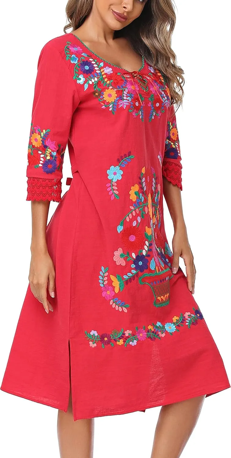 YZXDORWJ Women Embroidered Mexican Present Lace Sleeves Party Floral Traditional Bridesmaid Dress.