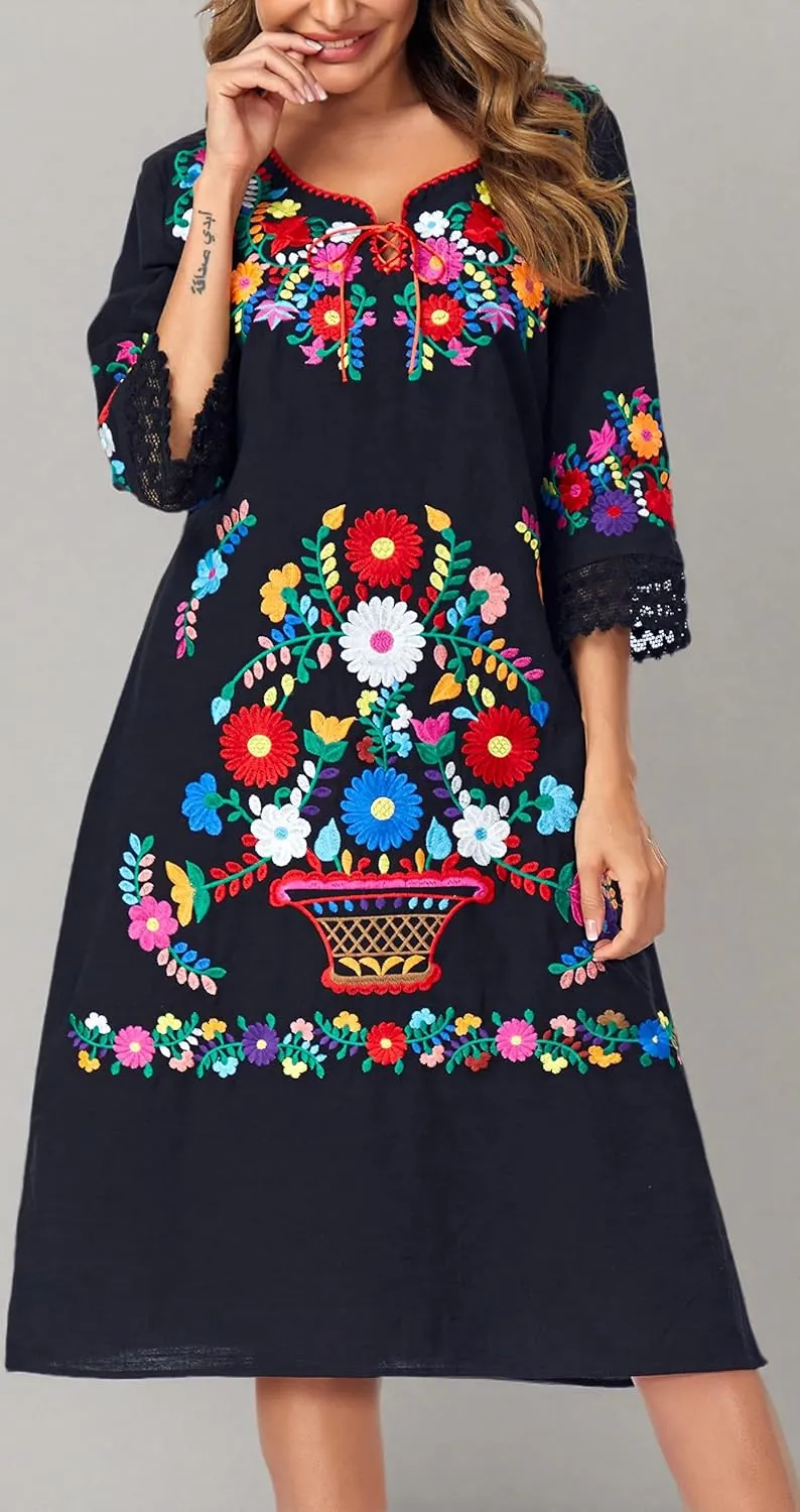 YZXDORWJ Women Embroidered Mexican Present Lace Sleeves Party Floral Traditional Bridesmaid Dress.