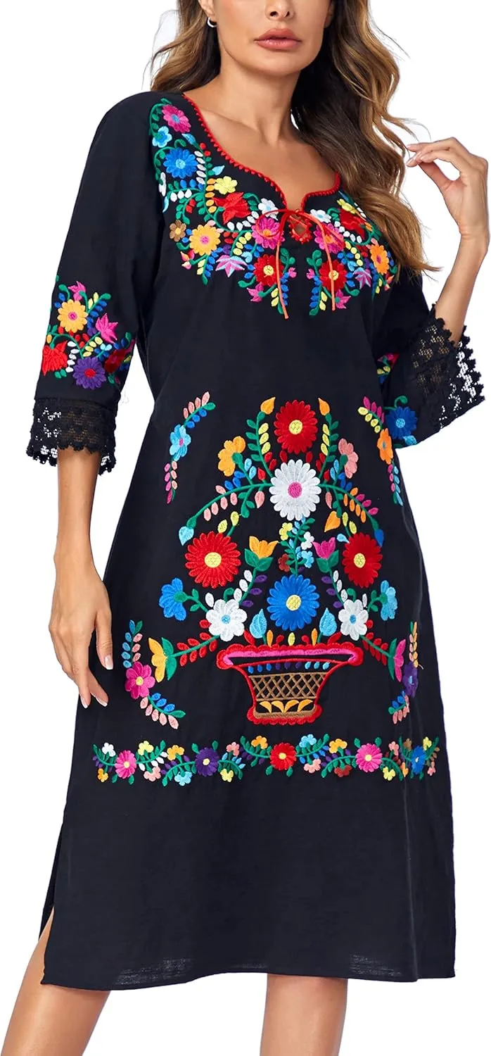 YZXDORWJ Women Embroidered Mexican Present Lace Sleeves Party Floral Traditional Bridesmaid Dress.