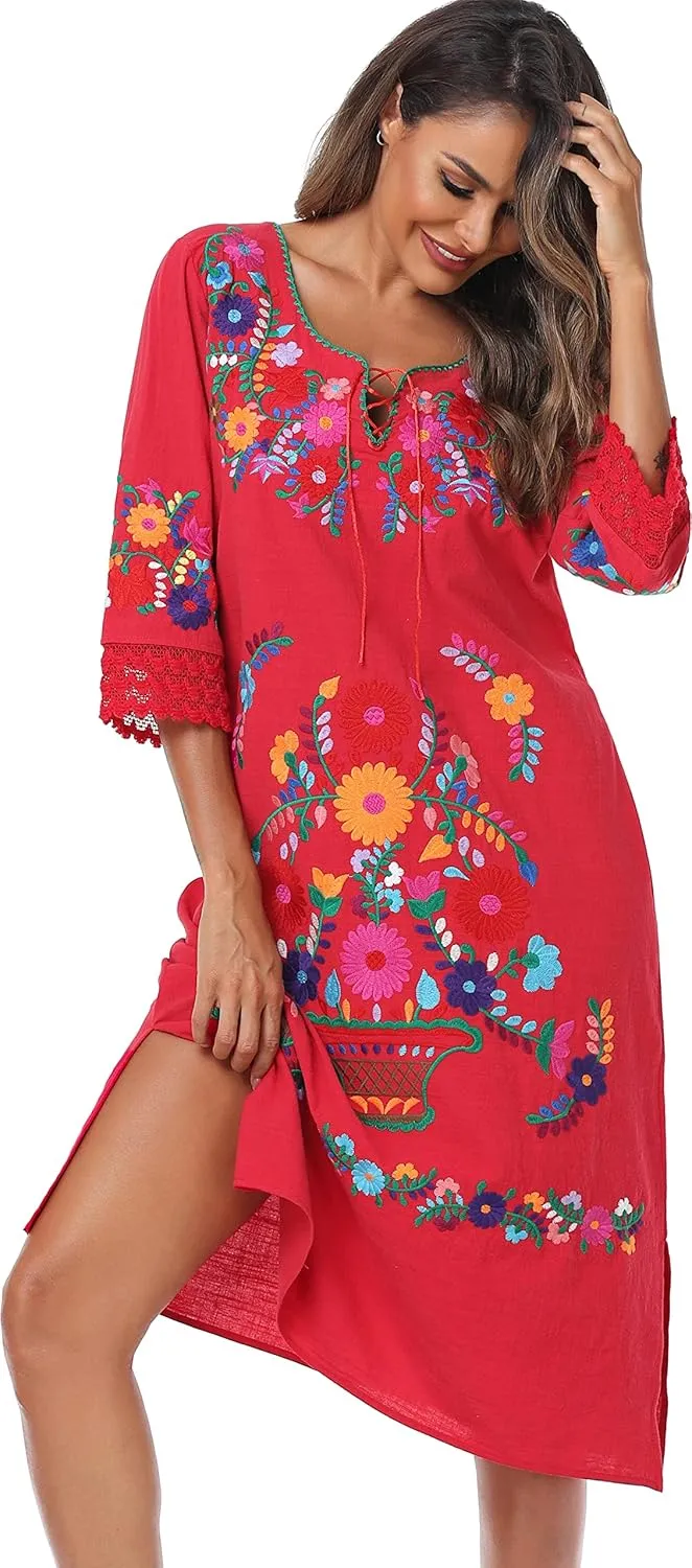 YZXDORWJ Women Embroidered Mexican Present Lace Sleeves Party Floral Traditional Bridesmaid Dress.