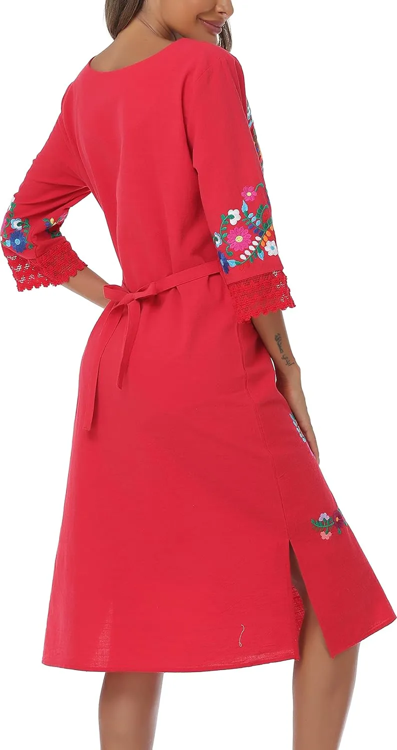 YZXDORWJ Women Embroidered Mexican Present Lace Sleeves Party Floral Traditional Bridesmaid Dress.