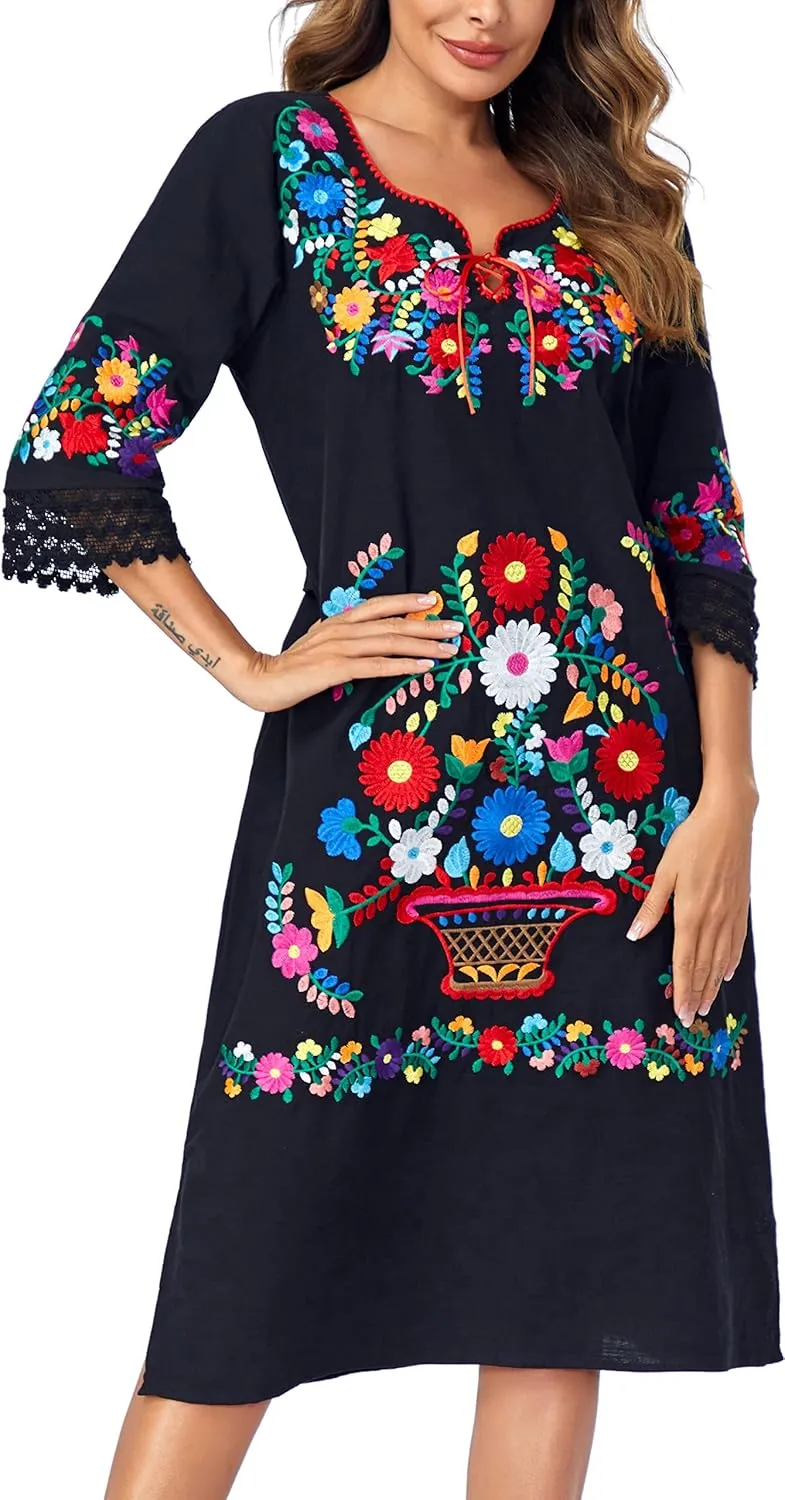 YZXDORWJ Women Embroidered Mexican Present Lace Sleeves Party Floral Traditional Bridesmaid Dress.