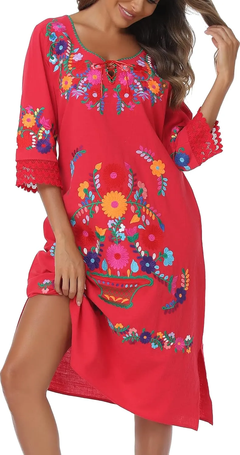 YZXDORWJ Women Embroidered Mexican Present Lace Sleeves Party Floral Traditional Bridesmaid Dress.