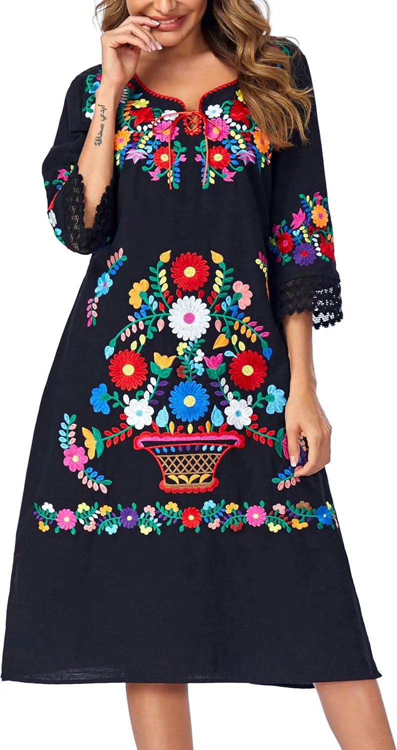 YZXDORWJ Women Embroidered Mexican Present Lace Sleeves Party Floral Traditional Bridesmaid Dress.