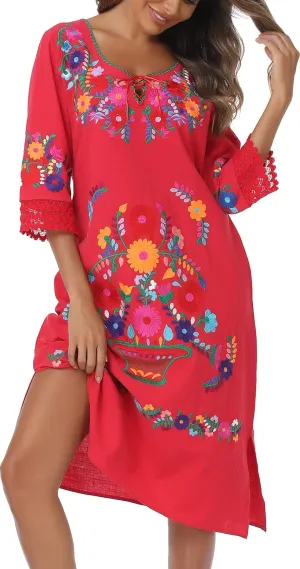 YZXDORWJ Women Embroidered Mexican Present Lace Sleeves Party Floral Traditional Bridesmaid Dress.